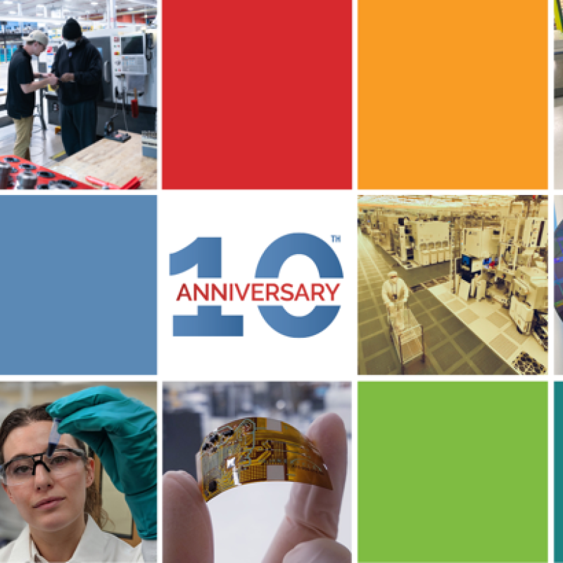 Rotational Banner graphic with images and color blocks in a grid on the right showing photos of the Manufacturing USA ecosystem