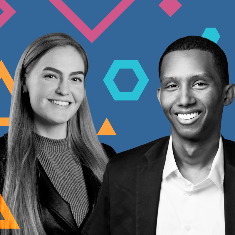 Rotational Banner graphic with a blue background outlined with different colored geometric shapes. On the right, a photo of Katrina Wells and a photo of Keith Joseph